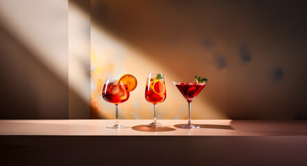 Three vibrant red cocktails, garnished with orange slices and mint sprigs, stand elegantly in stemmed glasses on a counter bathed in warm, inviting light.