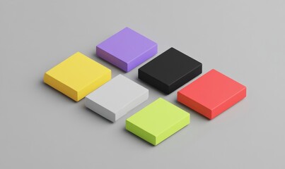 Obraz premium Six colorful square blocks on gray background.