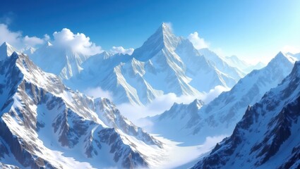 Obraz premium Breathtaking view of towering snow-covered mountain peaks surrounded by mist and a clear blue sky, capturing the beauty of a winter landscape.