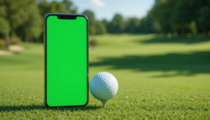 Smartphone mockup with green screen and golf ball on a golf course.