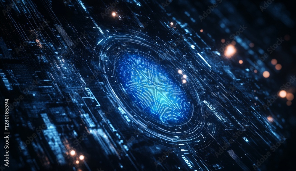 Poster futuristic digital interface, circular data processing, dark background, glowing lines