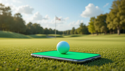 Smartphone mockup with green screen and golf ball on a golf course.