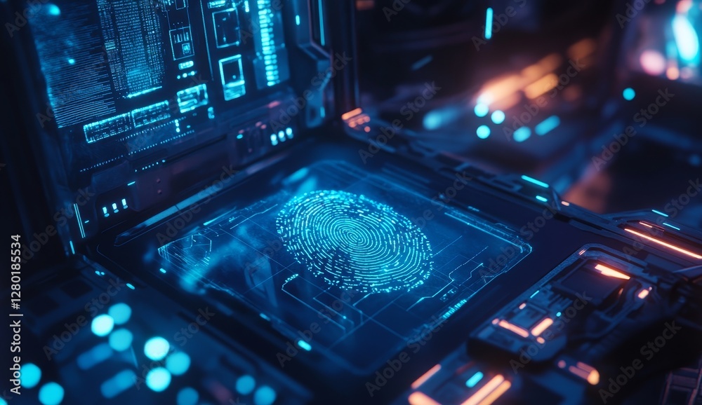 Poster futuristic fingerprint scan, cockpit, tech interface, glowing hud