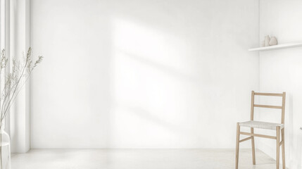 Bright minimalist room with a wooden chair and natural light at midday