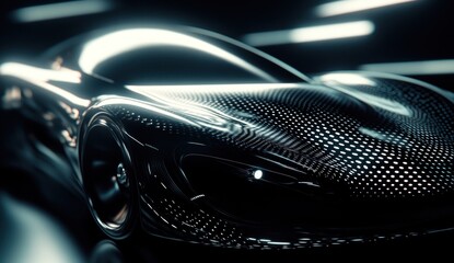 Fototapeta premium Sleek black concept car with textured body, headlights, and reflective surface in dark garage.