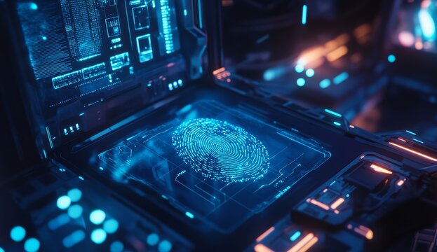 Futuristic fingerprint scan, cockpit,  tech interface, glowing HUD - Powered by Adobe