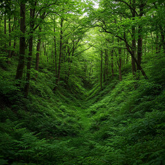 Obraz premium green forest in the morning. Lush Green Ravine with Thriving Trees and Serene Woodland Ambiance, their vibrant leaves, deep shade and a feeling of sanctuary and abundance in forest.