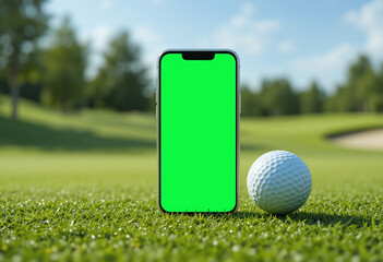 Smartphone mockup with green screen and golf ball on a golf course.