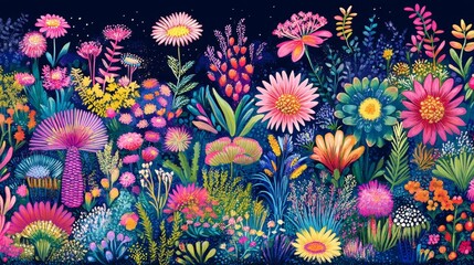Vivid botanical fantasia midnight bloom garden floral illustration with whimsical charm and fairytale aesthetic dreamlike floral fantasy backdrop