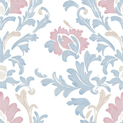 Elegant floral pattern with blue, pink, and cream colors on white background, perfect for textiles or wallpaper