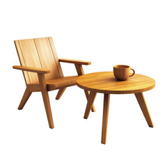 Wooden chair, table and tea cup isolate on yransparent background