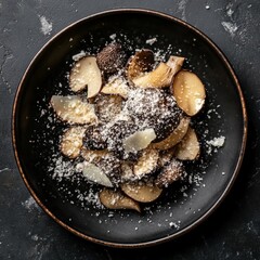 Black truffle pasta with parmesan cheese on dark plate in rustic setting