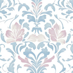 Elegant floral pattern in soft blue and pastel tones, featuring intricate designs of flowers and leaves, perfect for wallpaper or fabric