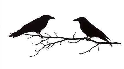 Silhouette of Two Crows Perched on a Bare Branch