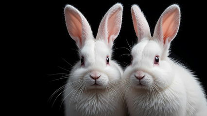 Obraz premium Two fluffy white bunnies gazing intently against a stark black background, showcasing their delicate features and soft fur.