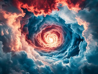 A swirling vortex of clouds opens into a fiery light