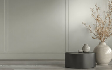 Minimalist interior design with vases and dried flowers in a modern room setting