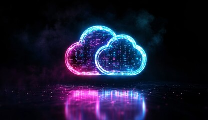 Neon Cloud Symbol, Digital Data, Reflective Surface, Smoky Background