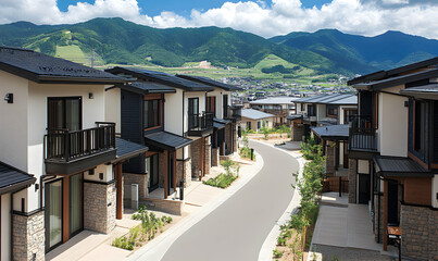 Fototapeta premium Serene mountainside residential street with modern homes. Luxury townhouses nestled amongst lush greenery and stunning mountain views.