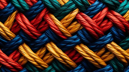 A vibrant tapestry of interwoven colored ropes, a rich interplay of textures and deep saturated hues in a close-up shot.