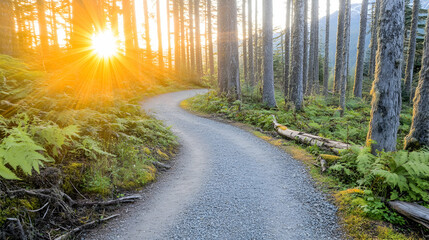 Fototapeta premium Serene sunset illuminating a winding forest path, gravel trail through lush ferns and tall trees, golden hour light.