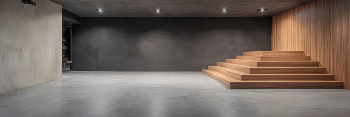 Modern minimalist interior design features unique wooden steps and contrasting textures