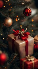 Elegant Christmas gift box adorned with festive decorations and ornaments.
