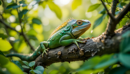 Fototapeta premium A green iguana perched on a branch surrounded by lush foliage