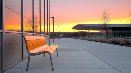 Fototapeta premium Orange bench at sunrise, modern building backdrop