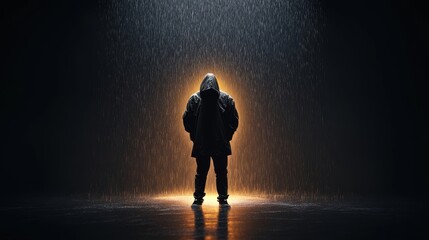 Mysterious Figure in Rainy Atmosphere with Dramatic Lighting Effects