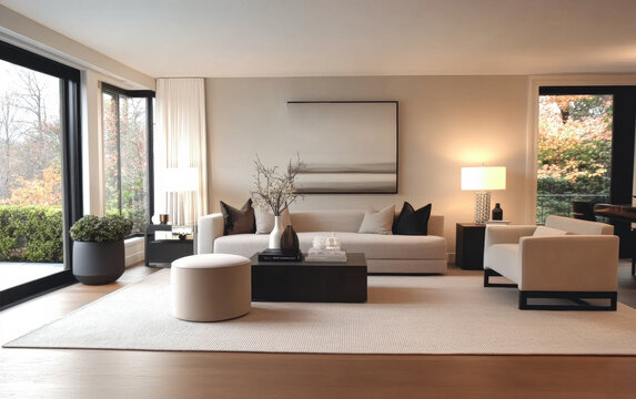 Modern living room design with natural light and minimalist decor in autumn setting