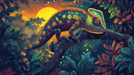 Vibrant Chameleon in Tropical Paradise: A Digital Art Masterpiece