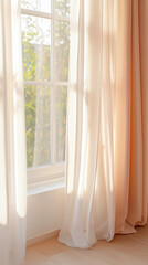 Soft beige curtains illuminated by warm sunlight