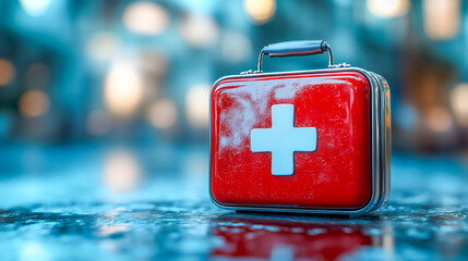 First aid kit in blue blurred background/poster/wallpaper/web/banner