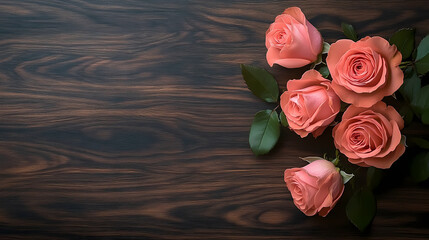 Pink Roses on Dark Wooden Surface with Green Leaves
