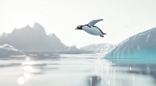 A penguin jumping into the water, with icebergs in the background.