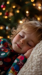 A serene young child peacefully sleeping by a decorated Christmas tree.