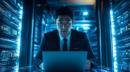 Fototapeta premium An IT support specialist uses a tablet while working in a server room. The concept of network management, data security, and technology maintenance. Generative AI.