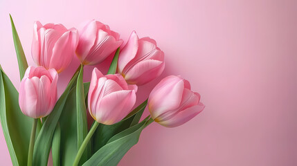 Five Pink Tulips on a Soft Pink Background