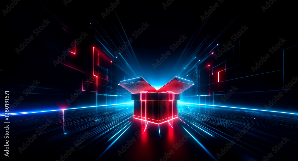 Wall mural open box with red and blue neon light emits glowing rays in a dark, abstract space, creating a futur