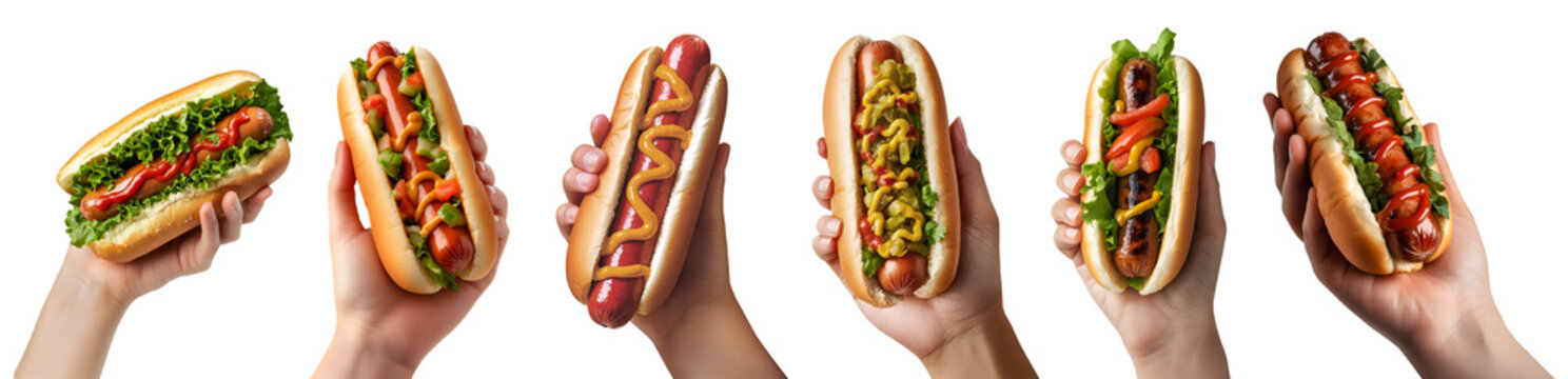 Set of hand holding frankfurter frank hotdog hot dog wiener bun sandwich, with different ingredients vegetable beef chicken cheese lettuce mustard ketchup on transparent cutout PNG. Mockup template	