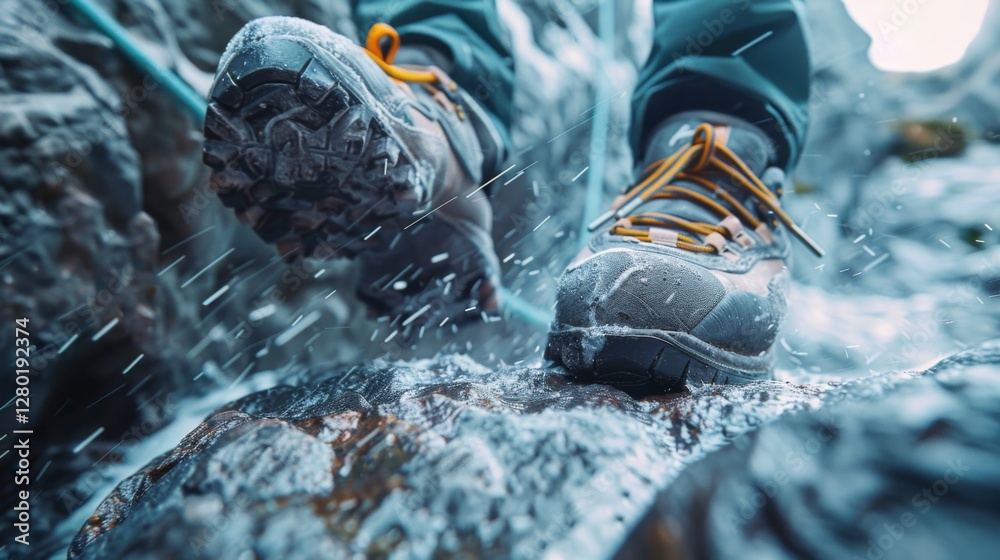 Poster a hiker navigates through a stream, stepping on a wet rock while wearing sturdy footwear designed fo