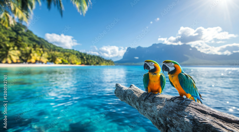 Poster two colorful macaws perch on a tree branch overlooking a stunning tropical ocean. the clear blue wat
