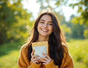 Portrait close up of young beautiful brunette woman in yellow sweater, holding paper bag with coffee or tea in summer park. Happy Woman Holding a Product Package Outdoors