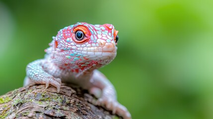 Colorful lizard on mossy log, jungle background; nature wildlife stock photo
