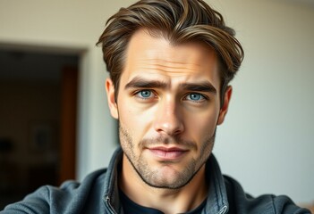 Obraz premium Portrait of a male person with thick and bushy brows in natural light
