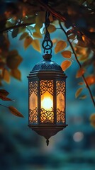 Elegant lantern glowing amidst lush foliage in a tranquil evening setting.