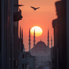silhouette mosque at the beautiful sunset