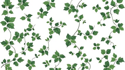 Green Foliage Pattern with Vines and Leaves Natural Aesthetic Design on White Background