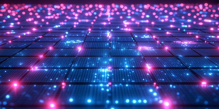 Abstract closeup of rough tiles with glowing neon lines for gaming sites,sci-fi blogs and modern digital art portfolio.